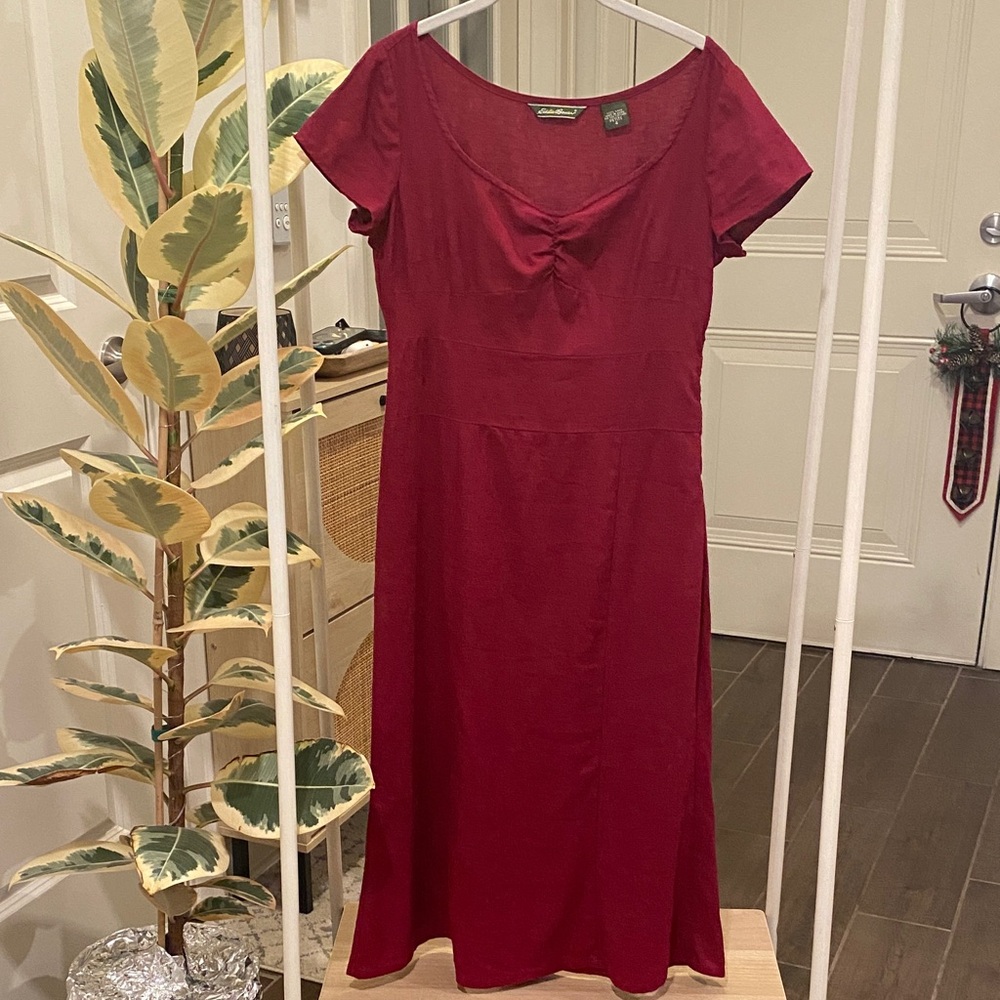 90’s Vintage Eddie Bauer Burgundy Linen Midi Dress